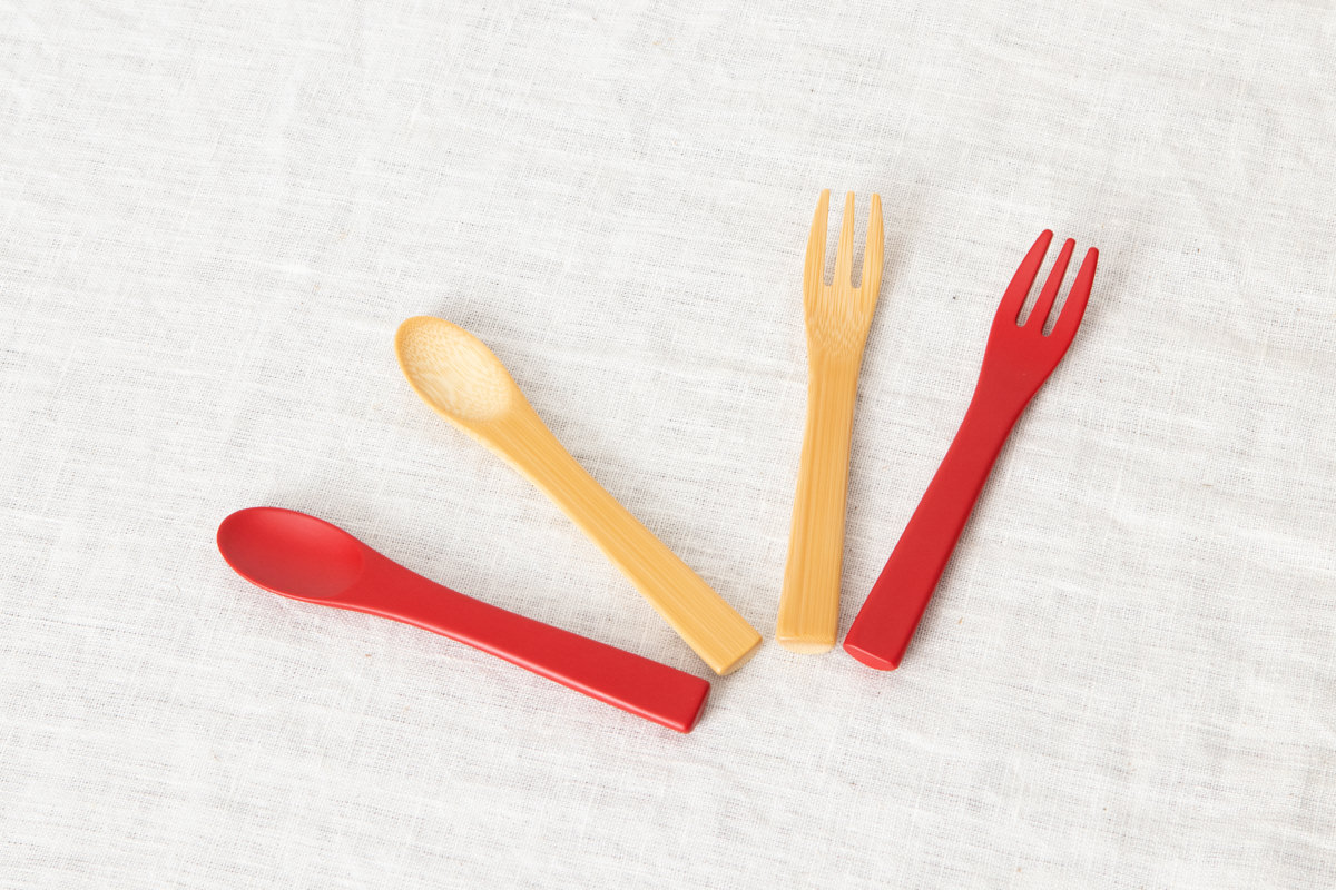 R211116　大分県/孟宗竹　ベビーフォーク・ベビースプーン　クリヤ・赤　4種