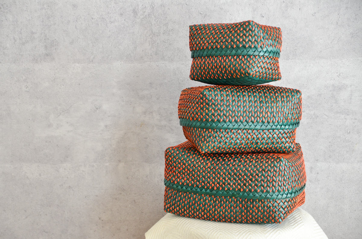 R330911　インド/パームリーフ　Kottan Basket　Green Orange　S・M・L　3サイズ