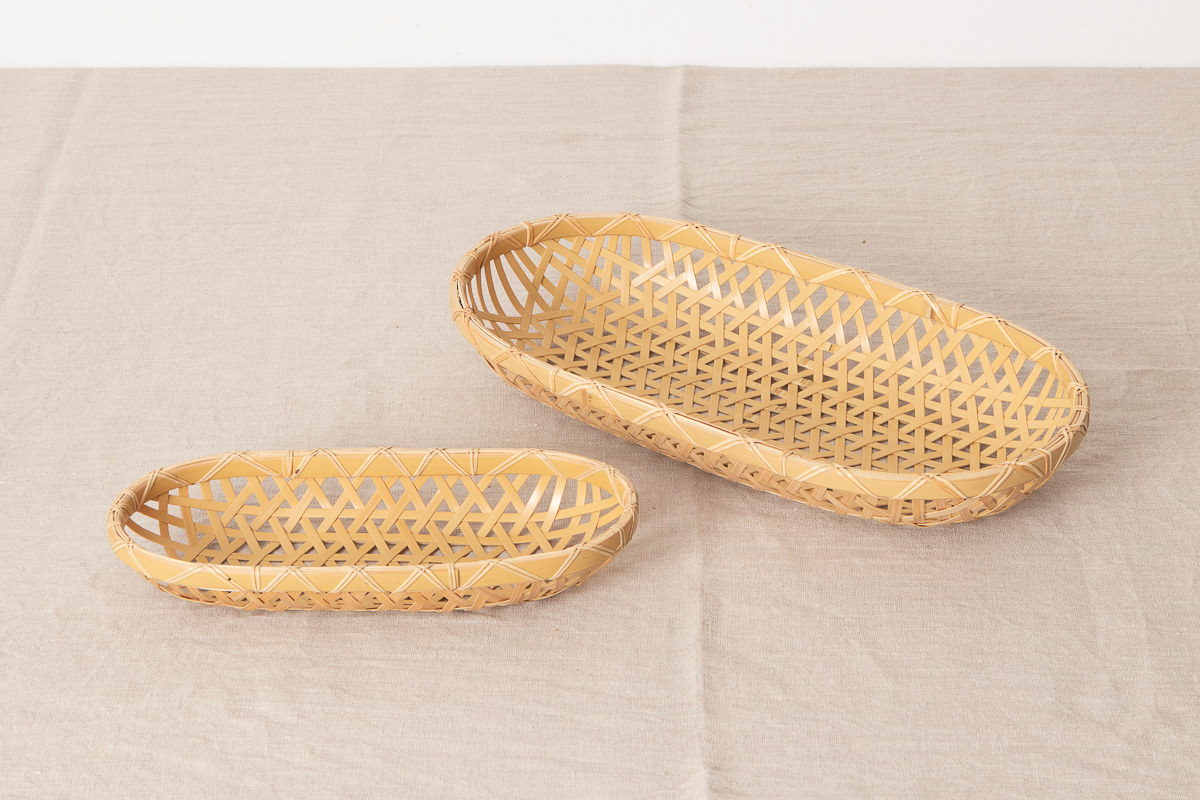 R350103　栃木県/真竹（白竹）　楕円盛り籠　麻の葉編み　小・大　2サイズ